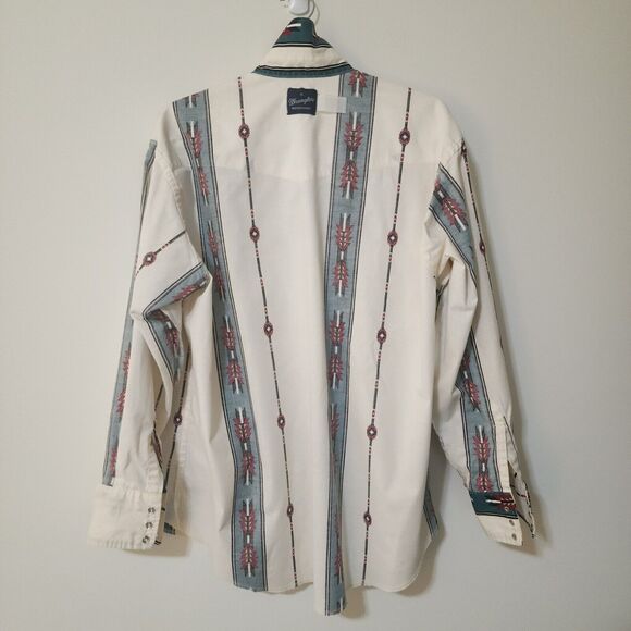 Vtg Wrangler Mens Long Sleeve Pearl Snap Western Shirt Cotton Ivory Navajo Sz XL - Picture 7 of 10